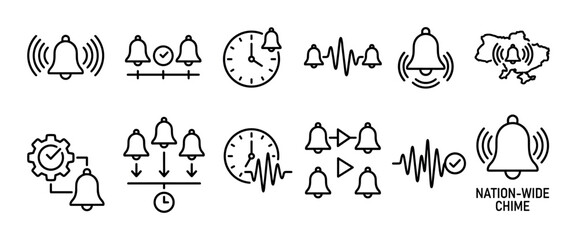 Fototapeta premium Set of black line icons representing alarms, notifications, and nation-wide alerts with bells, clocks, sound waves, and a map outline, isolated on a white background