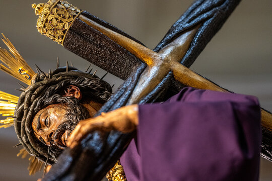 Detailed low angle of Christ of Gran Poder during Holy Week in Seville