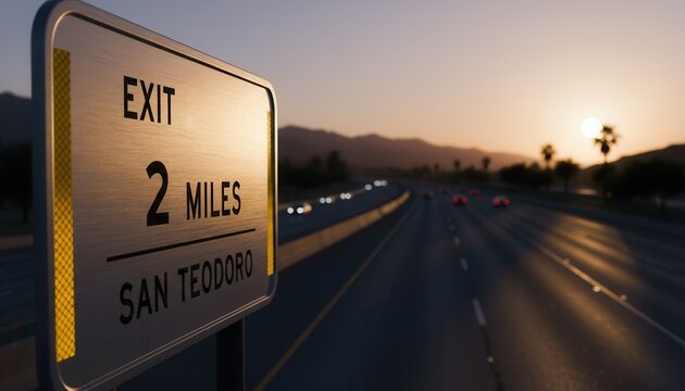 Road Sign Indicating Exit in San Teodoro, 2 Miles Away, During a Sunset Drive