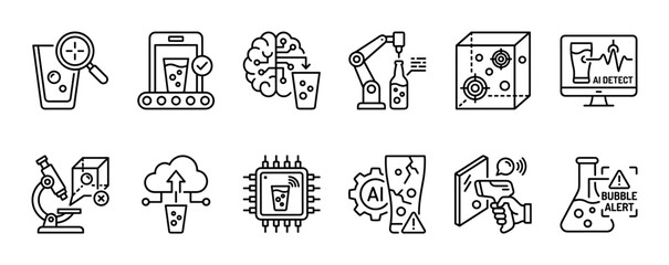 Fototapeta premium Set of quality control line icons representing artificial intelligence, automation, and beverage inspection processes, including robotic arms, microscopes, and AI detection, isolated on white