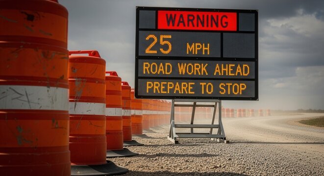 Road Work Ahead Displayed Sign Warns Drivers of Upcoming Construction Zone