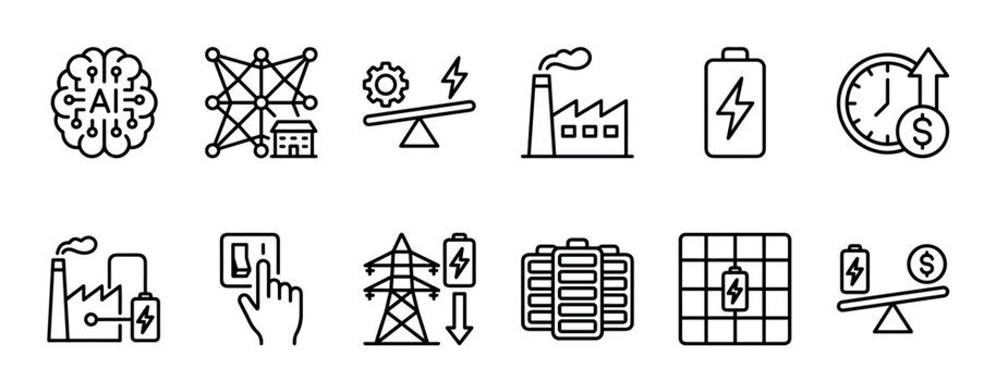 Set of energy and technology line icons representing smart grid, AI, battery storage, and industrial power concepts in a minimalist vector style isolated on a white background