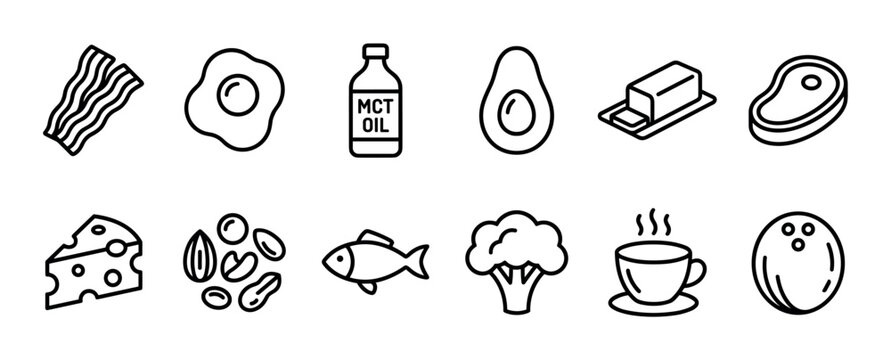 Keto diet food and drink outline icons collection showing bacon, egg, avocado, steak, fish, cheese, and nuts for a low-carb, high-fat nutrition plan, isolated on white