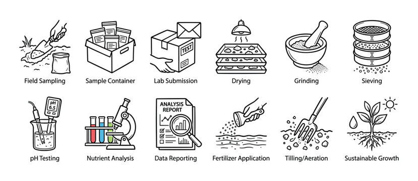 Set of twelve soil analysis icons illustrating the complete agricultural testing process from field sampling to sustainable growth, drawn in a clean line art style isolated on white
