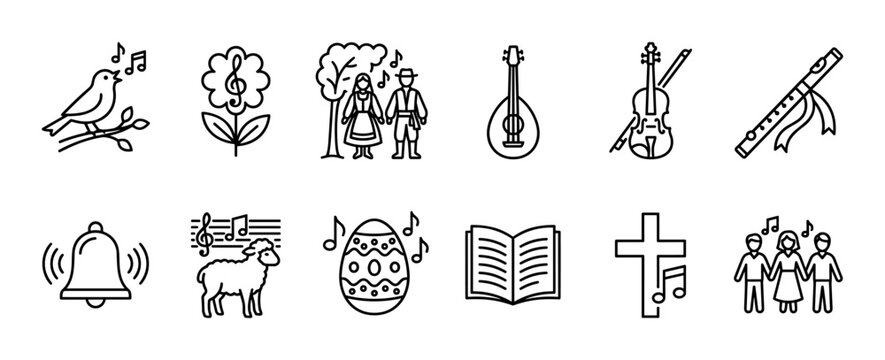 Black line art icon set representing folk music, spring, and Easter themes with a singing bird, traditional couple, instruments, lamb, and cross isolated on a white background