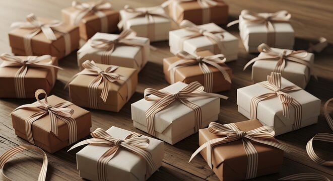 Assorted gift boxes wrapped in brown paper tied with twine on a wooden table