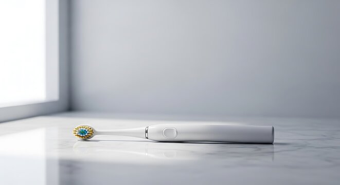 A toothbrush and a small toy resting on a white surface near a window
