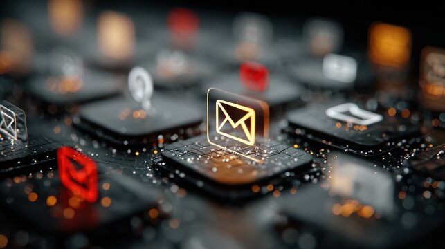 Digital communication network with glowing icons on a dark textured background