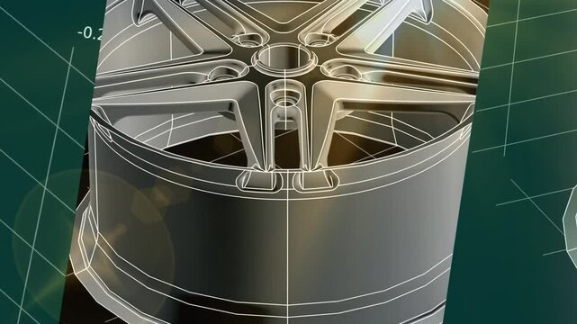 Video animation of car wheel disc. Computer 3d modeling, investigation of parameters of steel mechanical part using computer-aided design system. Animated motion effect, screensaver. Technic drawing. 