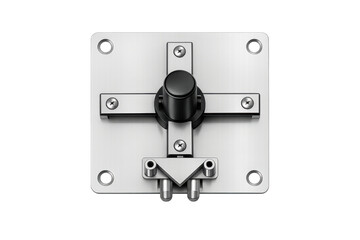 Close-up of a modern, sleek metal latch mechanism with a black knob and silver screws