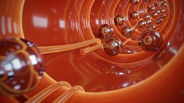 Medical nanobots traveling through bloodstream for targeted drug delivery, 3D cinematic visualization