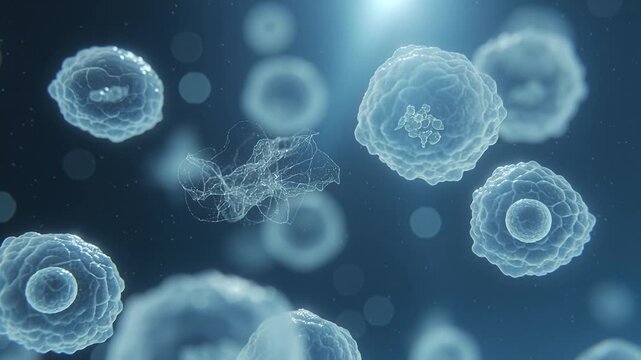 Microscopic view of biological cells floating in blue laboratory fluid, 3D medical visualization