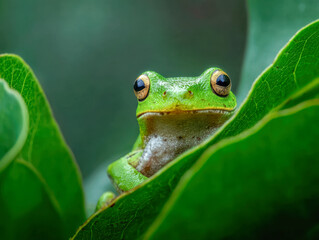 Vibrant green tree frog perched between fresh green leaves in a natural habitat with a soft blurred background showing detailed textures and colors