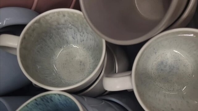 Coffee cups stacked in various colors arranged in a display at a store