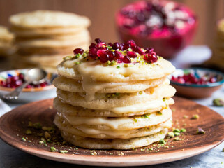 Traditional Moroccan Ramadan dish Baghrir pancakes with cream and pomegranate