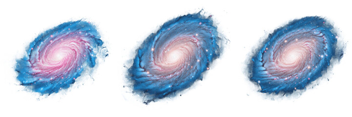 Set and collection of realistic blue and pink spiral galaxies with glowing stardust and nebula clouds isolated on white transparent png background © fixa