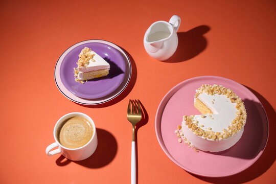Delicious cake slice and coffee with a modern aesthetic