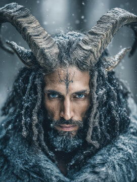Intense portrait of a mysterious man with large twisted horns, icy beard, and blue eyes wearing a fur cloak in a snowy forest setting