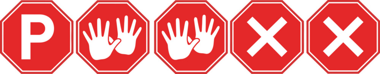 Obraz premium Red Octagonal Traffic Sign Concept Displaying Letter P with Hand Icons and Cross Marks Representing Parking Prohibition Warning and Safety Communication Symbols Background