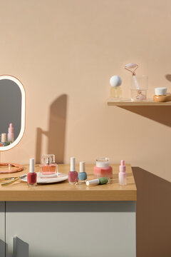 Cosmetic products and accessories on a wooden table