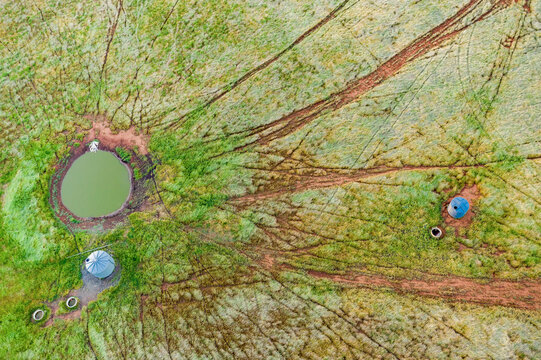 Animal tracks through a field leading toward a farm dam and water tank