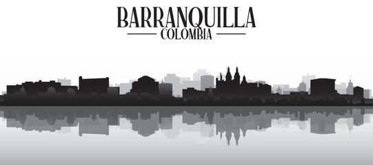 Naklejka premium Black and white panoramic poster of the city skyline with misty background buildings and water reflection of BARRANQUILLA, COLOMBIA
