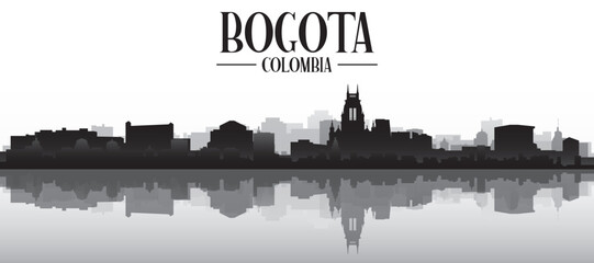 Naklejka premium Black and white panoramic poster of the city skyline with misty background buildings and water reflection of BOGOTA, COLOMBIA