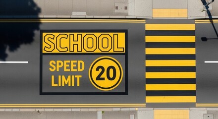 School Zone Road Marking Sign With Speed Limit Warning Zebra Crossing Overhead View