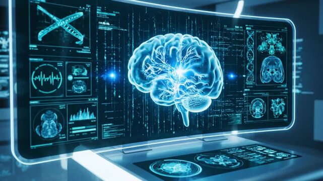 Human Brain Digital Interface Neon Blue Futuristic Dashboard on Modern Laptop for Medical Technology