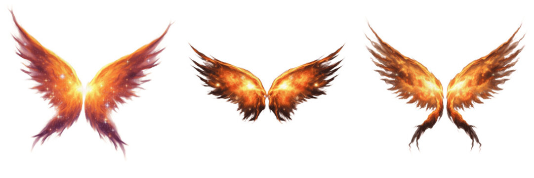 Set and collection of realistic fiery celestial wings with internal burning galaxy nebula and glowing stellar patterns isolated on white transparent png background