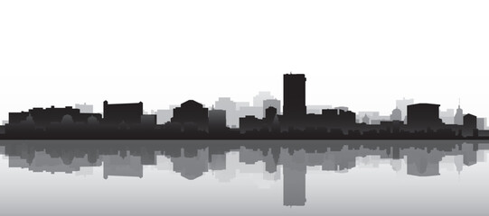 Naklejka premium Black and white panoramic poster of the city skyline with misty background buildings and water reflection of LOS ANGELES, UNITED STATES