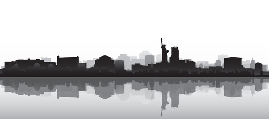 Naklejka premium Black and white panoramic poster of the city skyline with misty background buildings and water reflection of NEW YORK, UNITED STATES