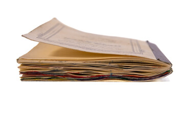 A vintage book with worn pages displayed from the side, highlighting its texture and age. Ideal for conveying nostalgia, literature, or historical themes in design projects.