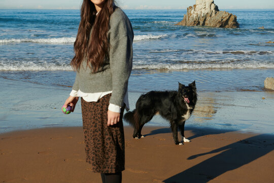 faceless young woman and dog at the beach