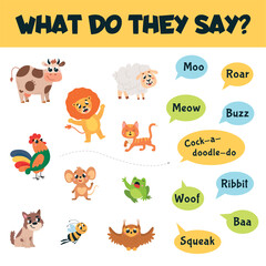 Obraz premium Find animal sound game. Different animals and sounds what making. Educational development play for toddlers with cartoon characters, classy vector template