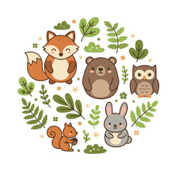 Fototapeta premium Cute woodland creatures and various plants forming a circular composition, perfect for playful design and children's themes