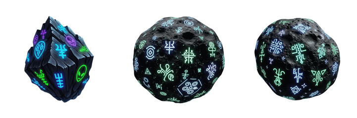 Set and collection of realistic dark asteroid rocks and black round planets with glowing neon alien symbols isolated on white transparent png background © fixa