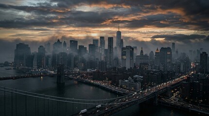 Naklejka premium Devastated New York City Skyline Aftermath War Damage Smoke Destruction Aerial View Photography