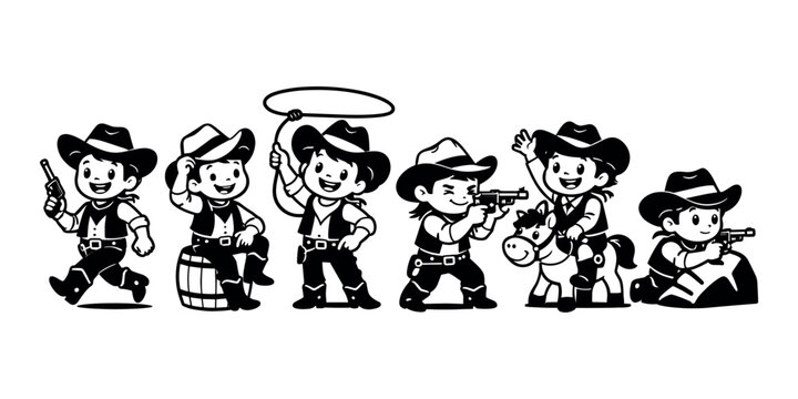 Group of small children dressed as cowboys playing with toy guns, lassos, and riding a hobbyhorse in various action poses