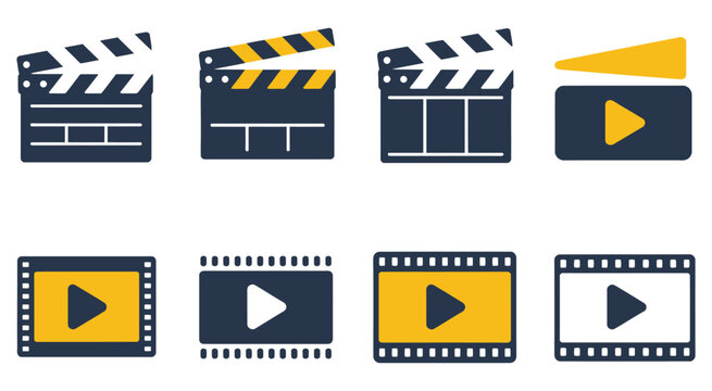 Movie, clapperboard and video player icon row featuring minimal film slate and play button symbols in navy and yellow, multimedia, cinema, and video production concept, modern flat vector