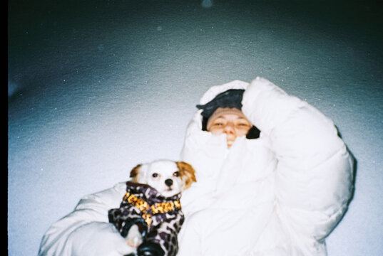 Quiet winter moment with a small dog under the night sky