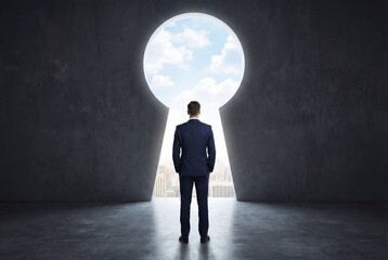 Obraz premium Rear view of businessman standing before a large keyhole opening to the sky