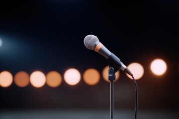 Obraz premium Microphone on stage with blurred lights in background