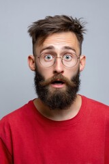 Obraz premium Surprised young caucasian male with glasses and beard in red shirt