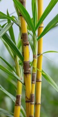 Fototapeta premium Close-up of green and yellow bamboo stalks with lush leaves