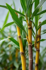 Fototapeta premium Close-up of lush green bamboo stalks with leaves in natural setting