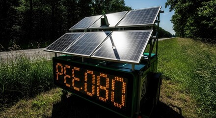 Obraz premium Solar Powered Speed Display Unit Near Roadside In Scenic Environment Landscape