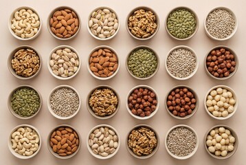 Fototapeta premium Minimalist grid arrangement of sorted nuts and seeds in ceramic bowls