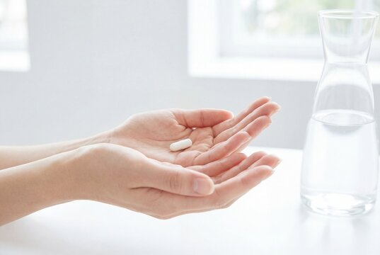 Hands holding a white capsule with water carafe
