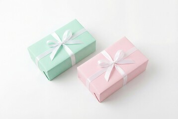 Fototapeta premium Two elegant gift boxes wrapped in pastel mint and pink paper with white ribbons